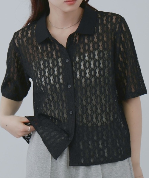 Mac-House(マックハウス)の「Free Nature 総レースミニTシャツ(シャツ/ブラウス・レディース・アイボリー/ブラック・M/L)」の2枚目の写真