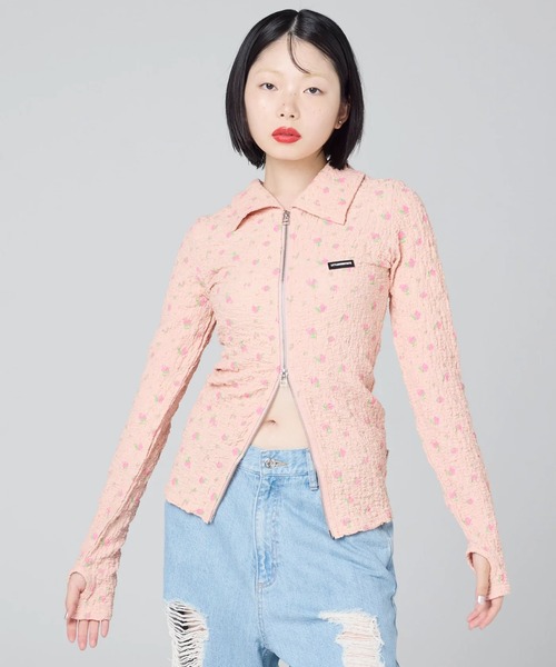Little sunny bite(リトルサニーバイト)の「littlesunnybite/リトルサニーバイト/floral zip up cardigan(カーディガン/ボレロ・レディース・アイボリー/ピンク/オレンジ・M/S)」の3枚目の写真