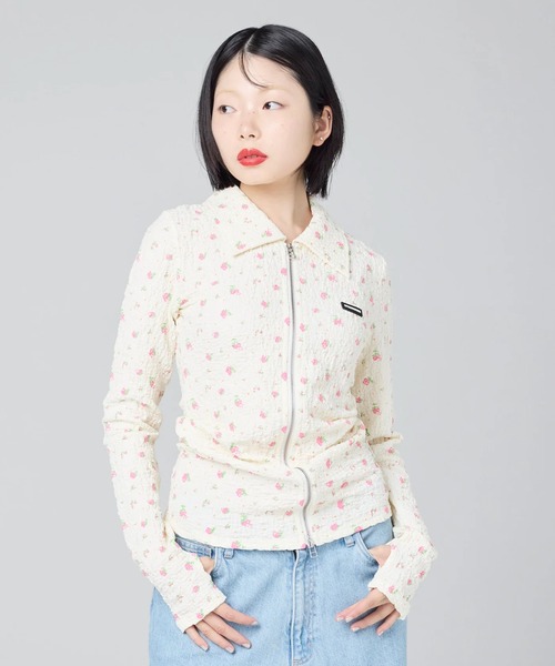 Little sunny bite(リトルサニーバイト)の「littlesunnybite/リトルサニーバイト/floral zip up cardigan(カーディガン/ボレロ・レディース・アイボリー/ピンク/オレンジ・M/S)」の4枚目の写真