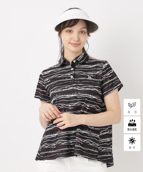 adabat(アダバット)の「吸水速乾/UVカット/エコ クールコアウエイブボーダーポロシャツ(ポロシャツ・レディース・ピンク系/サックスブルー系/ブラック系・38/40/42)」の1枚目の写真