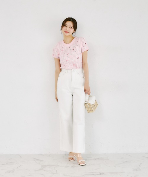 tocco closet(トッコ クローゼット)の「【ZOZO限定】小鳥フラワーエンブロイダリーサマーニットトップス(ニット/セーター・レディース・ピンク/ホワイト・M)」の9枚目の写真
