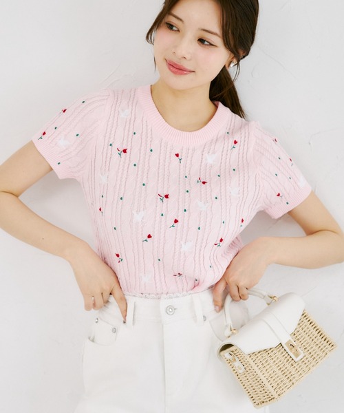 tocco closet(トッコ クローゼット)の「【ZOZO限定】小鳥フラワーエンブロイダリーサマーニットトップス(ニット/セーター・レディース・ピンク/ホワイト・M)」の13枚目の写真