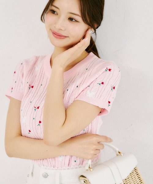 tocco closet(トッコ クローゼット)の「【ZOZO限定】小鳥フラワーエンブロイダリーサマーニットトップス(ニット/セーター・レディース・ピンク/ホワイト・M)」の14枚目の写真