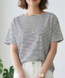 【接触冷感】細ボーダー ボートネック 半袖Tシャツ カットソー 綿モダール