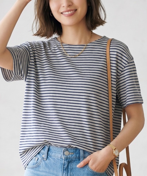 MULEXS(ミューレクス)の「【接触冷感】細ボーダー ボートネック 半袖Tシャツ カットソー 綿モダール(Tシャツ/カットソー・レディース・アイボリー/ライトグレー/オフホワイト・L/M)」の3枚目の写真