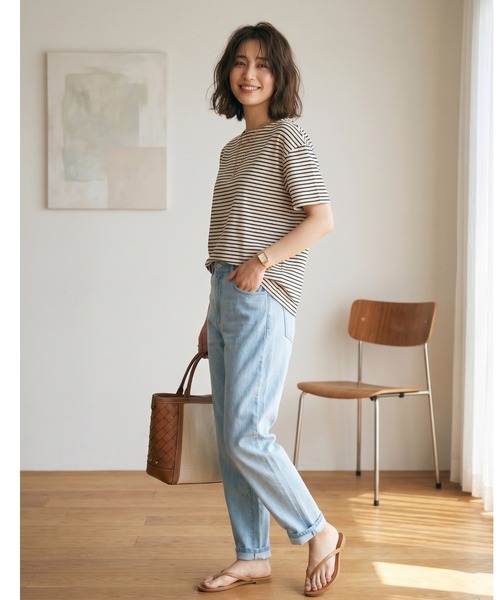 MULEXS(ミューレクス)の「【接触冷感】細ボーダー ボートネック 半袖Tシャツ カットソー 綿モダール(Tシャツ/カットソー・レディース・アイボリー/ライトグレー/オフホワイト・L/M)」の18枚目の写真