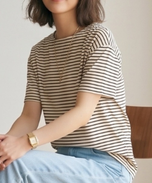 MULEXS(ミューレクス)の「【接触冷感】細ボーダー ボートネック 半袖Tシャツ カットソー 綿モダール(Tシャツ/カットソー・レディース・アイボリー/ライトグレー/オフホワイト・L/M)」の6枚目の写真
