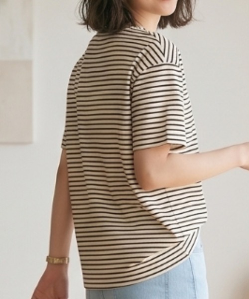 MULEXS(ミューレクス)の「【接触冷感】細ボーダー ボートネック 半袖Tシャツ カットソー 綿モダール(Tシャツ/カットソー・レディース・アイボリー/ライトグレー/オフホワイト・L/M)」の8枚目の写真