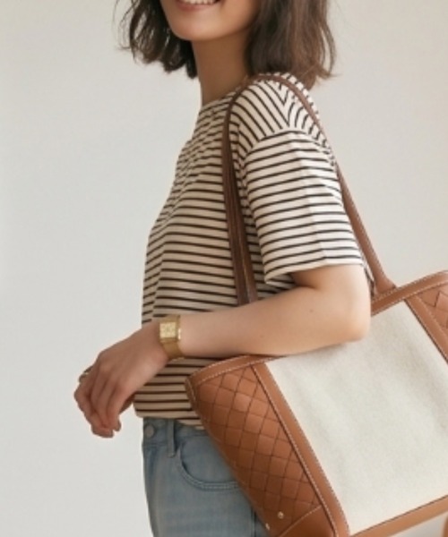 MULEXS(ミューレクス)の「【接触冷感】細ボーダー ボートネック 半袖Tシャツ カットソー 綿モダール(Tシャツ/カットソー・レディース・アイボリー/ライトグレー/オフホワイト・L/M)」の7枚目の写真