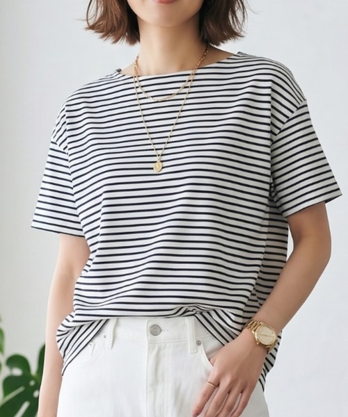 MULEXS(ミューレクス)の「【接触冷感】細ボーダー ボートネック 半袖Tシャツ カットソー 綿モダール(Tシャツ/カットソー・レディース・アイボリー/ライトグレー/オフホワイト・L/M)」の11枚目の写真