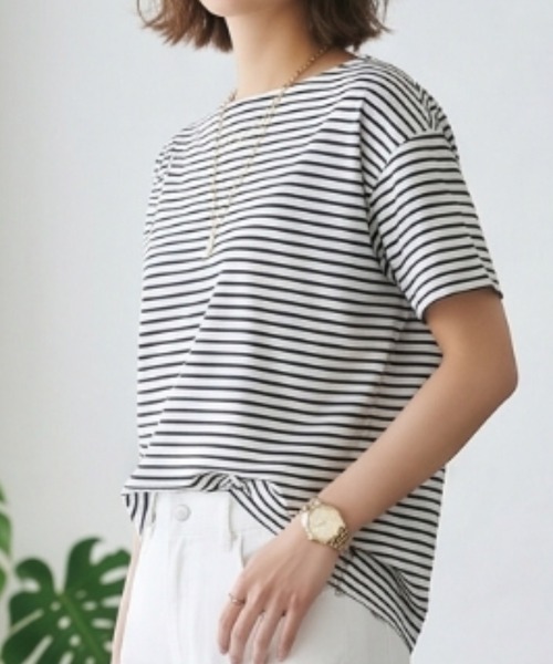 MULEXS(ミューレクス)の「【接触冷感】細ボーダー ボートネック 半袖Tシャツ カットソー 綿モダール(Tシャツ/カットソー・レディース・アイボリー/ライトグレー/オフホワイト・L/M)」の9枚目の写真