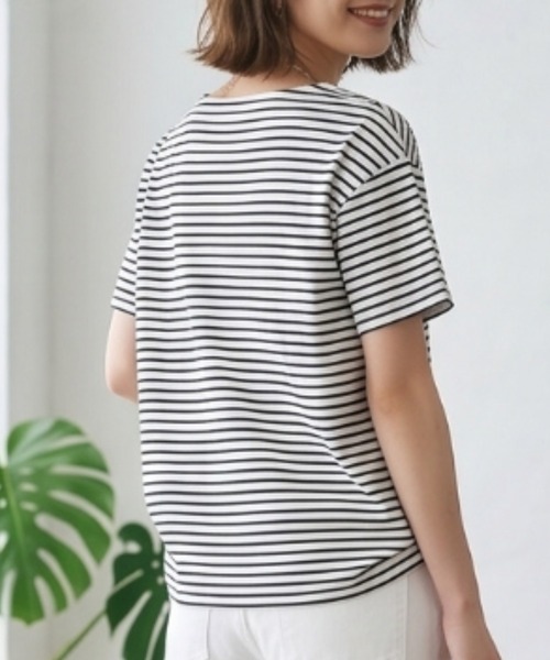 MULEXS(ミューレクス)の「【接触冷感】細ボーダー ボートネック 半袖Tシャツ カットソー 綿モダール(Tシャツ/カットソー・レディース・アイボリー/ライトグレー/オフホワイト・L/M)」の13枚目の写真