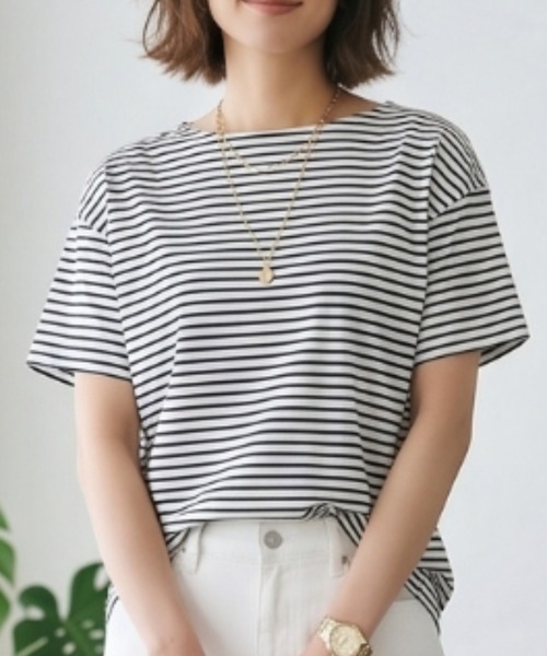 MULEXS(ミューレクス)の「【接触冷感】細ボーダー ボートネック 半袖Tシャツ カットソー 綿モダール(Tシャツ/カットソー・レディース・アイボリー/ライトグレー/オフホワイト・L/M)」の10枚目の写真
