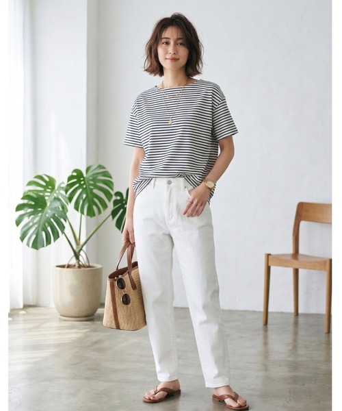 MULEXS(ミューレクス)の「【接触冷感】細ボーダー ボートネック 半袖Tシャツ カットソー 綿モダール(Tシャツ/カットソー・レディース・アイボリー/ライトグレー/オフホワイト・L/M)」の19枚目の写真