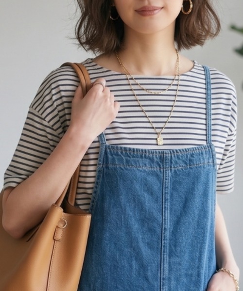 MULEXS(ミューレクス)の「【接触冷感】細ボーダー ボートネック 半袖Tシャツ カットソー 綿モダール(Tシャツ/カットソー・レディース・アイボリー/ライトグレー/オフホワイト・L/M)」の14枚目の写真