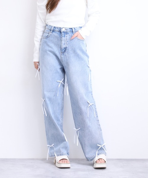 Re:EDIT(リエディ)の「リボン付きルーズワイドデニム(デニムパンツ・レディース・ブルー・Mサイズ/long)」の5枚目の写真