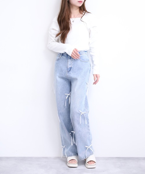 Re:EDIT(リエディ)の「リボン付きルーズワイドデニム(デニムパンツ・レディース・ブルー・Mサイズ/long)」の7枚目の写真