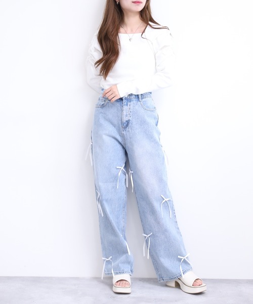 Re:EDIT(リエディ)の「リボン付きルーズワイドデニム(デニムパンツ・レディース・ブルー・Mサイズ/long)」の8枚目の写真