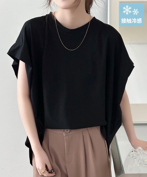 DAY CLOSET(デイ クローゼット)の「【接触冷感/脇見せ防止】ベーシック 無地 フレンチスリーブ オーバーサイズ シャツ レディース(Tシャツ/カットソー・レディース・チャコールグレー/グレイッシュベージュ/アイボリー/ブラック・L/M)」の3枚目の写真