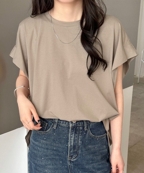 DAY CLOSET(デイ クローゼット)の「【接触冷感/脇見せ防止】ベーシック 無地 フレンチスリーブ オーバーサイズ シャツ レディース(Tシャツ/カットソー・レディース・チャコールグレー/グレイッシュベージュ/アイボリー/ブラック・L/M)」の18枚目の写真