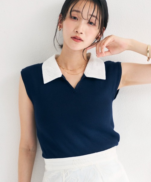 MISCH MASCH(ミッシュマッシュ)の「2026春夏新作 レースシャツスキッパーフレンチニット(ニット/セーター・レディース・イエロー/ネイビー/ライトグレー・フリ-)」の1枚目の写真