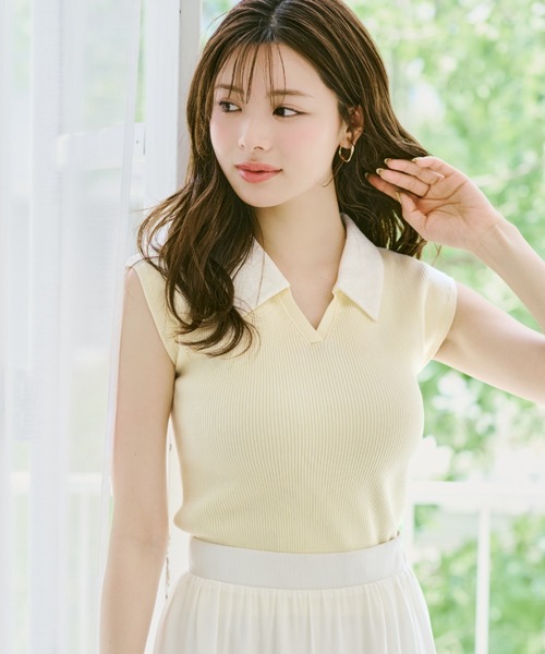 MISCH MASCH(ミッシュマッシュ)の「2026春夏新作 レースシャツスキッパーフレンチニット(ニット/セーター・レディース・イエロー/ネイビー/ライトグレー・フリ-)」の3枚目の写真