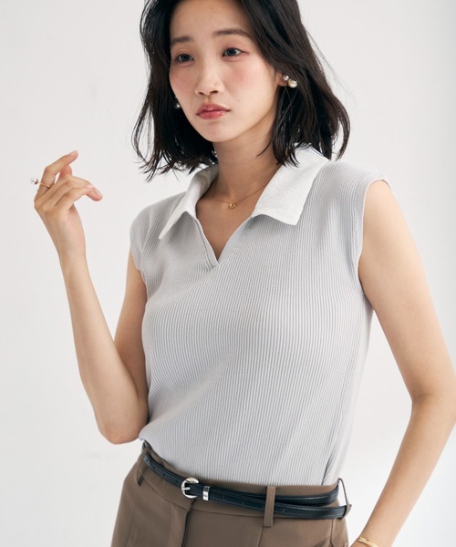 MISCH MASCH(ミッシュマッシュ)の「2026春夏新作 レースシャツスキッパーフレンチニット(ニット/セーター・レディース・イエロー/ネイビー/ライトグレー・フリ-)」の2枚目の写真