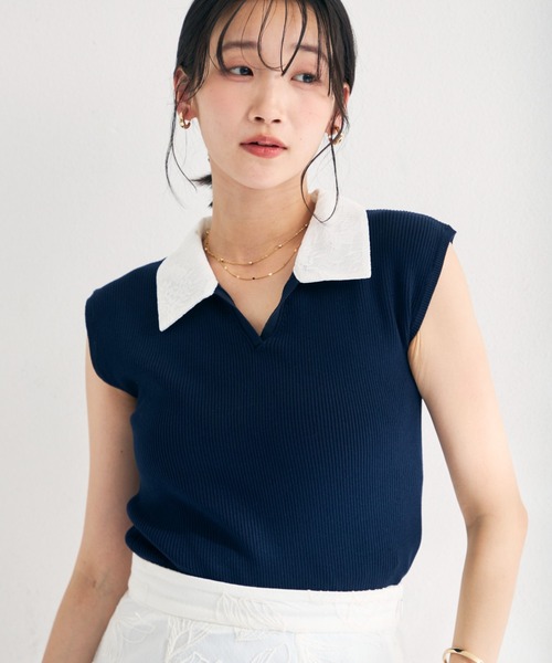 MISCH MASCH(ミッシュマッシュ)の「2026春夏新作 レースシャツスキッパーフレンチニット(ニット/セーター・レディース・イエロー/ネイビー/ライトグレー・フリ-)」の7枚目の写真