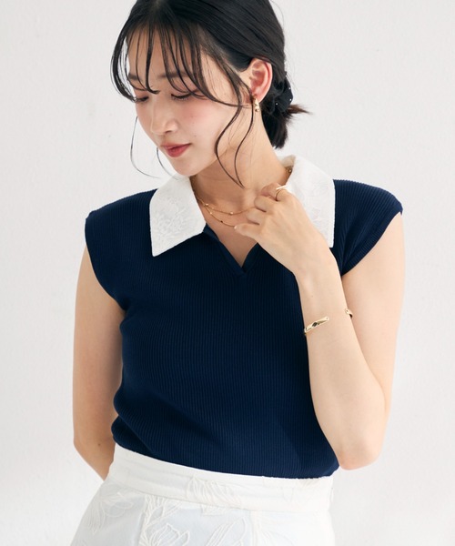 MISCH MASCH(ミッシュマッシュ)の「2026春夏新作 レースシャツスキッパーフレンチニット(ニット/セーター・レディース・イエロー/ネイビー/ライトグレー・フリ-)」の8枚目の写真