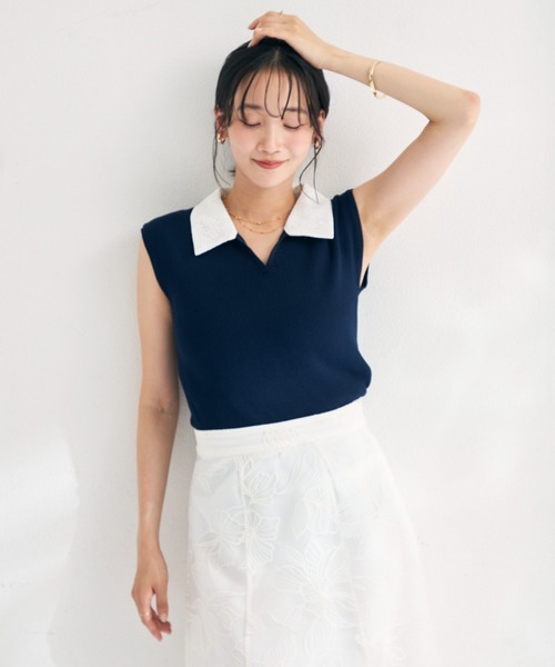 MISCH MASCH(ミッシュマッシュ)の「2026春夏新作 レースシャツスキッパーフレンチニット(ニット/セーター・レディース・イエロー/ネイビー/ライトグレー・フリ-)」の9枚目の写真