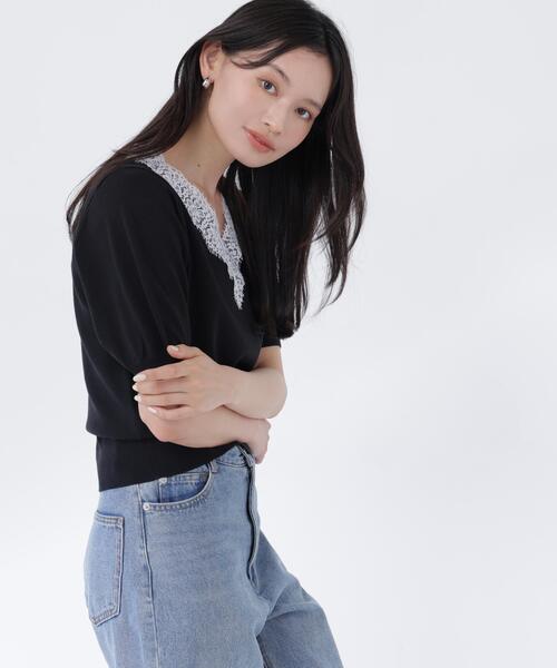 NATURAL BEAUTY BASIC(ナチュラルビューティーベーシック)の「Vネックレーストリムニット(ニット/セーター・レディース・オフホワイト/ブルー/ブラック・フリ-)」の6枚目の写真