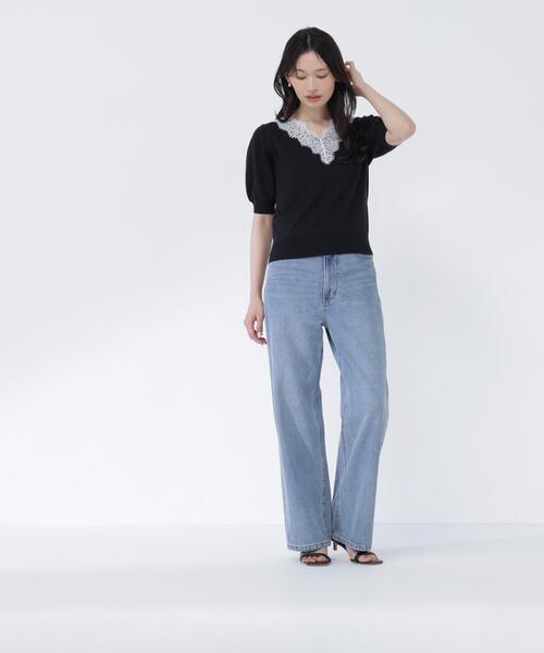 NATURAL BEAUTY BASIC(ナチュラルビューティーベーシック)の「Vネックレーストリムニット(ニット/セーター・レディース・オフホワイト/ブルー/ブラック・フリ-)」の9枚目の写真