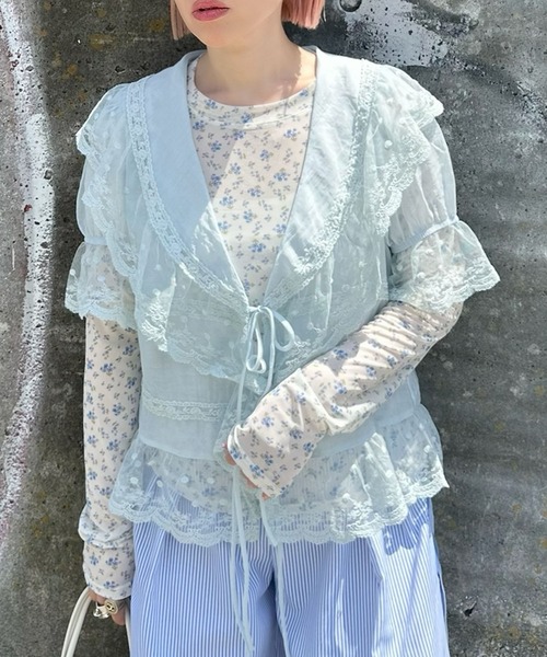 Alley Tokyo（アリートーキョー）の「フリル＆レース半袖ブラウス（シャツ/ブラウス・レディース・ベージュ/サックスブルー/オフホワイト・FREE）」の19枚目の写真