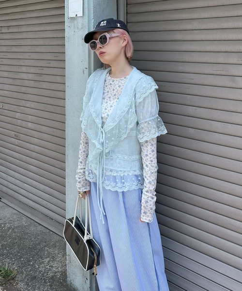 Alley Tokyo（アリートーキョー）の「フリル＆レース半袖ブラウス（シャツ/ブラウス・レディース・ベージュ/サックスブルー/オフホワイト・FREE）」の11枚目の写真