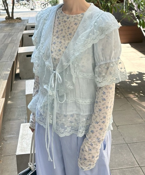 Alley Tokyo（アリートーキョー）の「フリル＆レース半袖ブラウス（シャツ/ブラウス・レディース・ベージュ/サックスブルー/オフホワイト・FREE）」の10枚目の写真