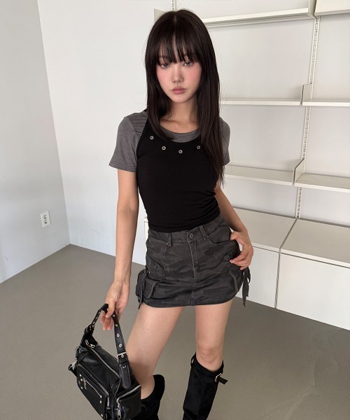 4INT.(フォイント)の「【インナーパンツ付き】ミリタリー カモフラージュ カーゴ ミニ スカート(スカート・レディース・カーキ/チャコール・M/S)」の9枚目の写真