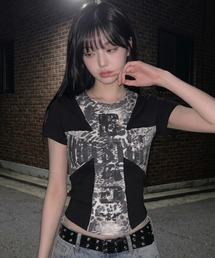 A'GEM/9 × .kom 『.KOM/ドットケーオーエム』Cross Panel Short Sleeve T-Shirt/クロス切り替え半袖Tシャツ