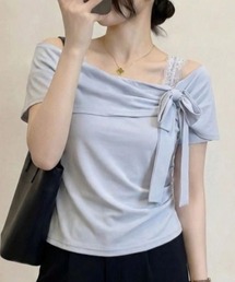 オフショルダー レース切替 アシンメトリー タイト 半袖Tシャツ