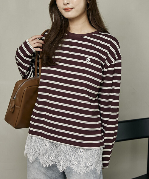 MARY QUANT × PUBLUX/マリークワント 裾レース ドッキング ボーダー ロングスリーブ Tシャツ　限定展開