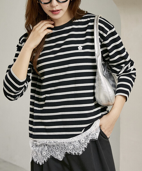 MARY QUANT(マリークワント)の「MARY QUANT × PUBLUX/マリークワント 裾レース ドッキング ボーダー ロングスリーブ Tシャツ 限定展開(Tシャツ/カットソー・レディース・オフホワイト/ブラック/ワインレッド・フリ-)」の4枚目の写真