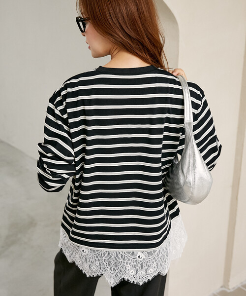 MARY QUANT(マリークワント)の「MARY QUANT × PUBLUX/マリークワント 裾レース ドッキング ボーダー ロングスリーブ Tシャツ 限定展開(Tシャツ/カットソー・レディース・オフホワイト/ブラック/ワインレッド・フリ-)」の5枚目の写真