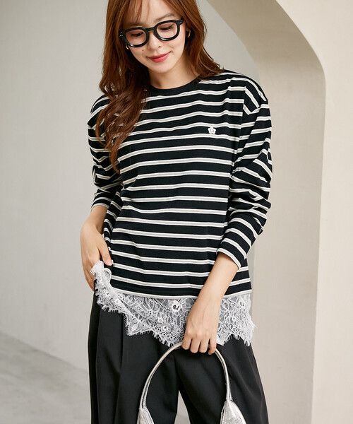 MARY QUANT(マリークワント)の「MARY QUANT × PUBLUX/マリークワント 裾レース ドッキング ボーダー ロングスリーブ Tシャツ 限定展開(Tシャツ/カットソー・レディース・オフホワイト/ブラック/ワインレッド・フリ-)」の6枚目の写真