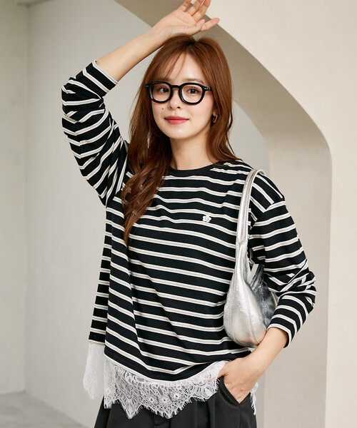 MARY QUANT(マリークワント)の「MARY QUANT × PUBLUX/マリークワント 裾レース ドッキング ボーダー ロングスリーブ Tシャツ 限定展開(Tシャツ/カットソー・レディース・オフホワイト/ブラック/ワインレッド・フリ-)」の7枚目の写真
