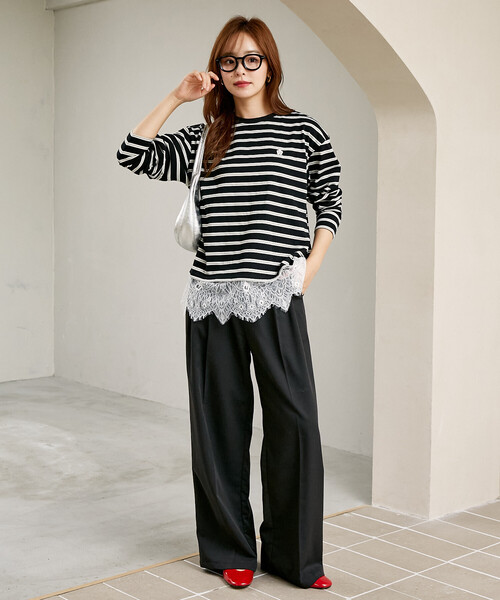 MARY QUANT(マリークワント)の「MARY QUANT × PUBLUX/マリークワント 裾レース ドッキング ボーダー ロングスリーブ Tシャツ 限定展開(Tシャツ/カットソー・レディース・オフホワイト/ブラック/ワインレッド・フリ-)」の8枚目の写真