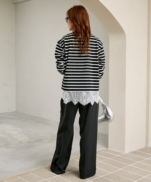 MARY QUANT(マリークワント)の「MARY QUANT × PUBLUX/マリークワント 裾レース ドッキング ボーダー ロングスリーブ Tシャツ 限定展開(Tシャツ/カットソー・レディース・オフホワイト/ブラック/ワインレッド・フリ-)」の9枚目の写真