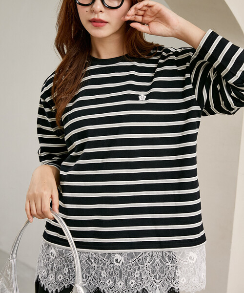 MARY QUANT(マリークワント)の「MARY QUANT × PUBLUX/マリークワント 裾レース ドッキング ボーダー ロングスリーブ Tシャツ 限定展開(Tシャツ/カットソー・レディース・オフホワイト/ブラック/ワインレッド・フリ-)」の11枚目の写真