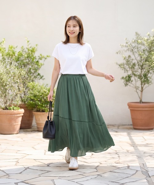 STYLE DELI(スタイルデリ)の「綿100%楊柳シフォンロングフレアスカート(スカート・レディース・グリーン/ブラウン系その他/ネイビー・FREE)」の4枚目の写真