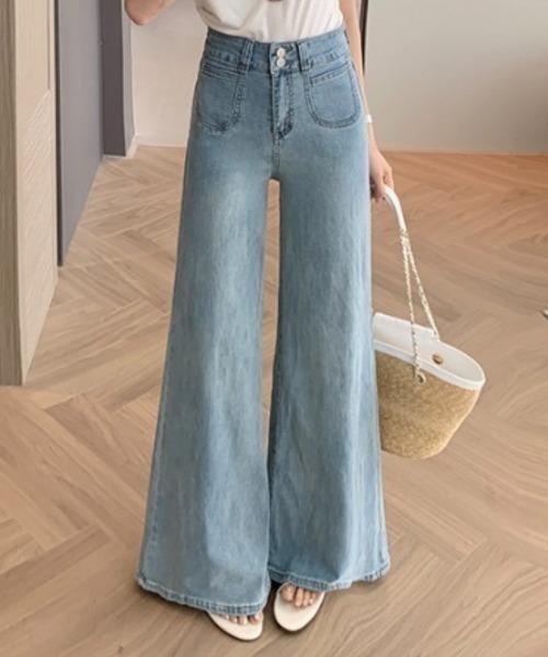 center i(センターアイ)の「ハイウエスト ワイドデニムパンツ(デニムパンツ・レディース・サックスブルー・S/M)」の1枚目の写真