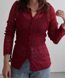 モヘアタッチ 透かし編みボタンカーデ