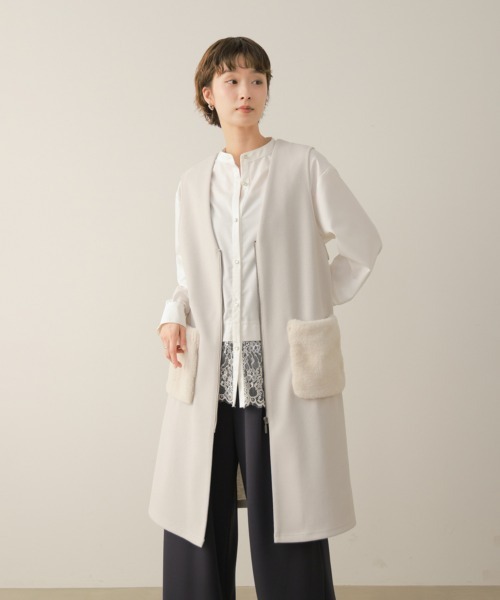 Bou Jeloud(ブージュルード)の「ファーポケットロングVベスト(その他アウター・レディース・アイボリー/ブラック・38)」の5枚目の写真